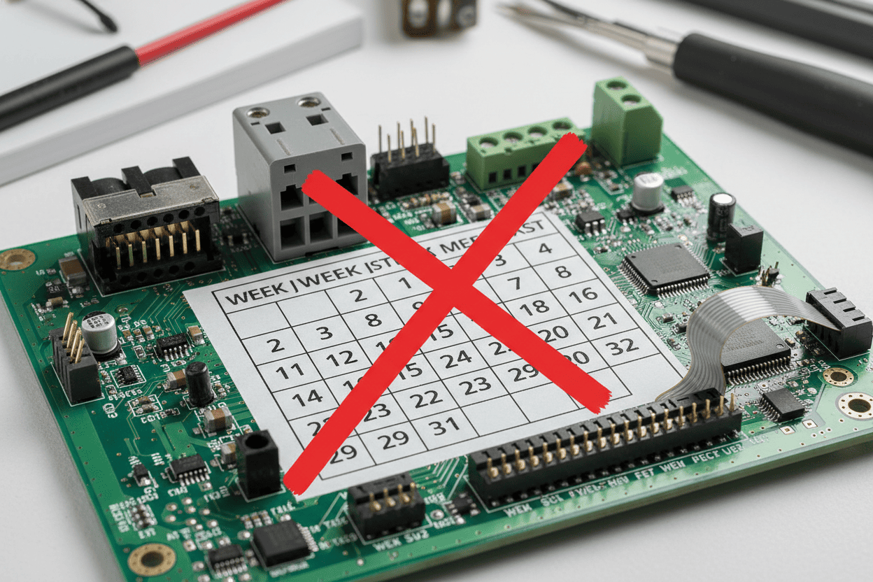 TE and Molex connector alternatives on a PCB with a 52-week calendar crossed out
