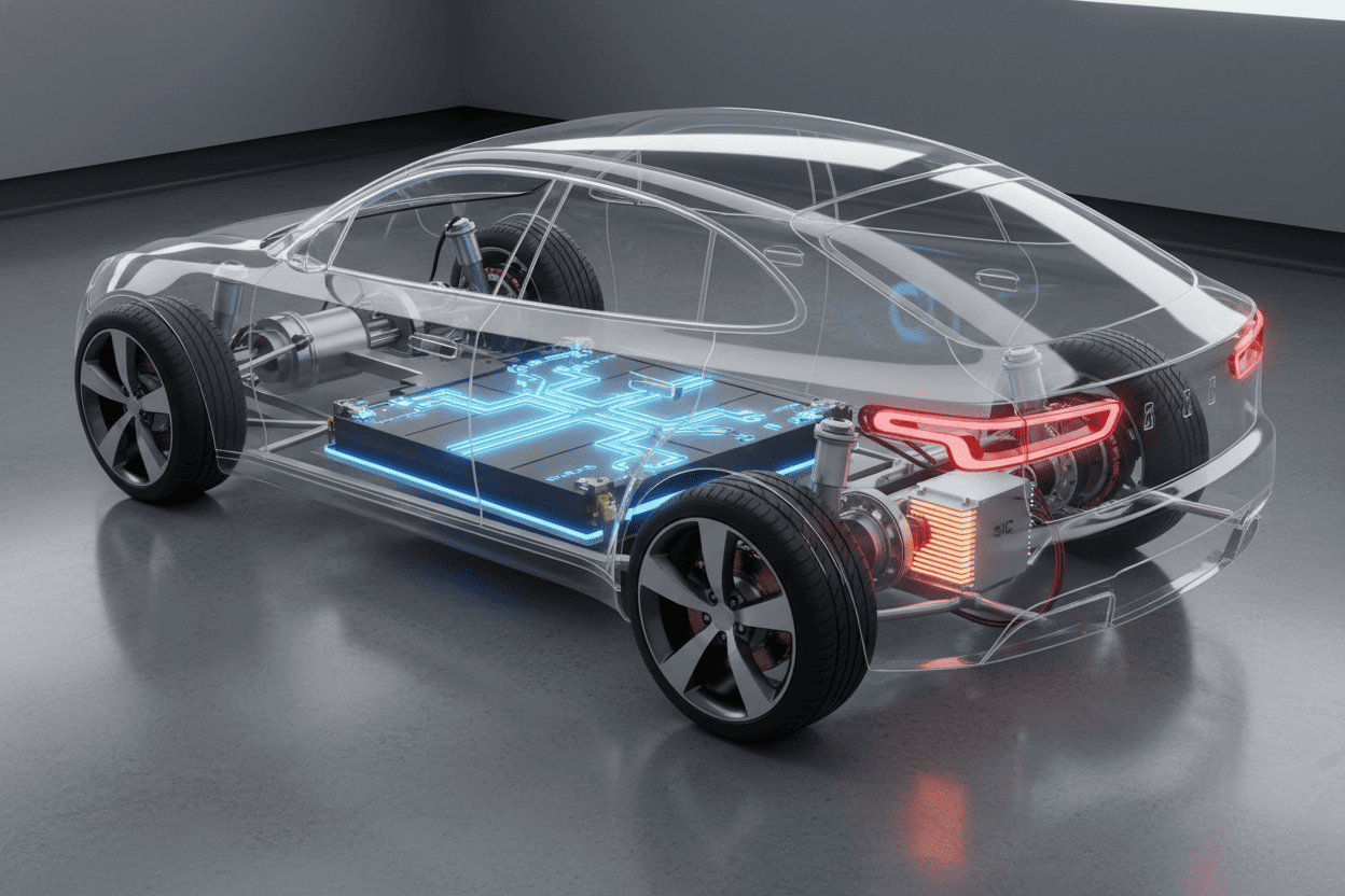Transparent EV chassis showing glowing BMS and SiC inverter locations