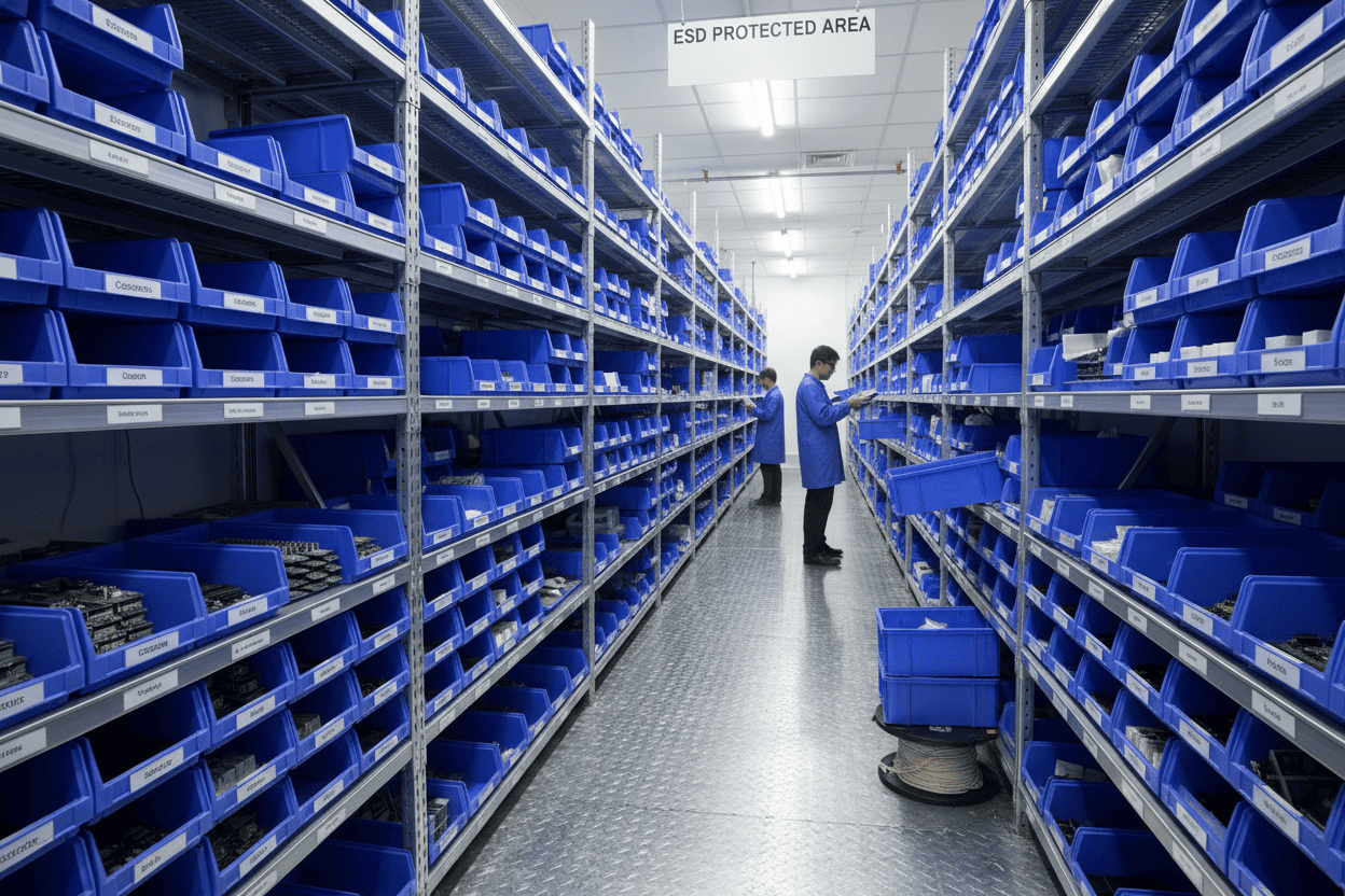 Warehouse shelves with electronic components in ESD safe bins
