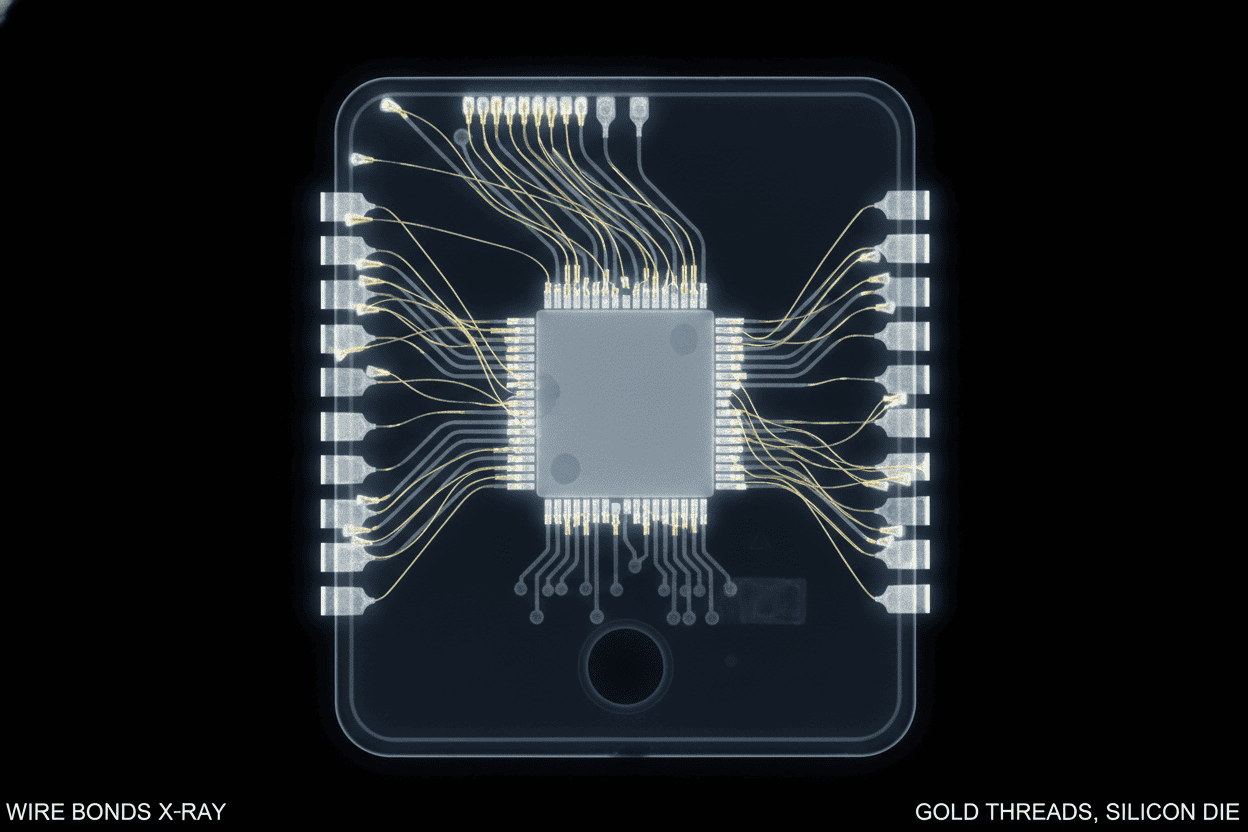the microscopic gold wires connecting the silicon die to the external pins